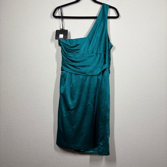 Suzi Chin For Maggy Boutique 16 Satin One Shoulder Dress Green Draped Ruched - Picture 2 of 11